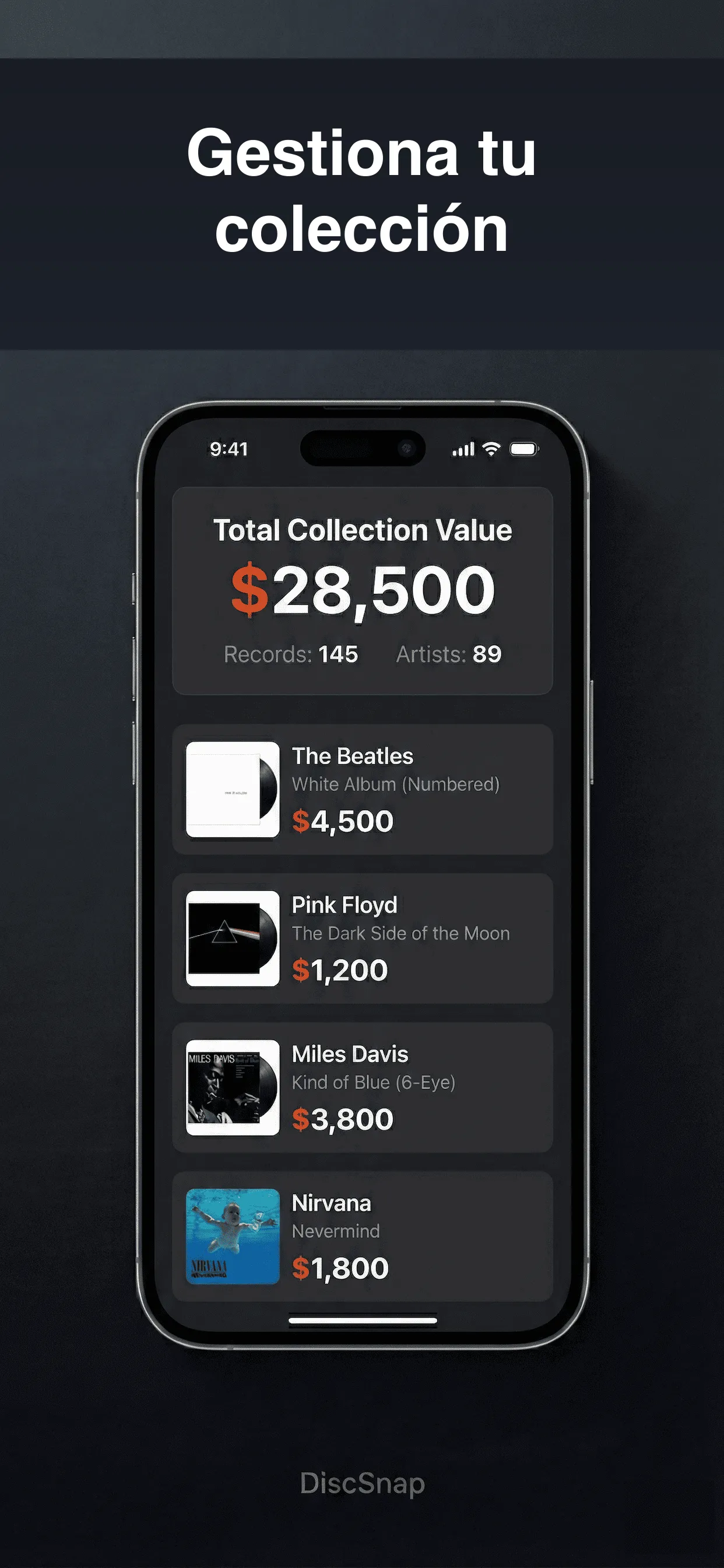 Panel de control de la colección digital de DiscSnap con historial de precios