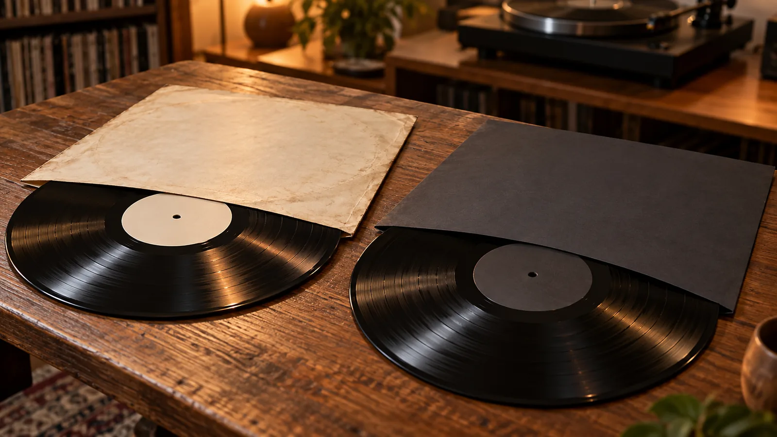 Two black records in an aged cream sleeve and a new dark sleeve on a wooden listening-room table