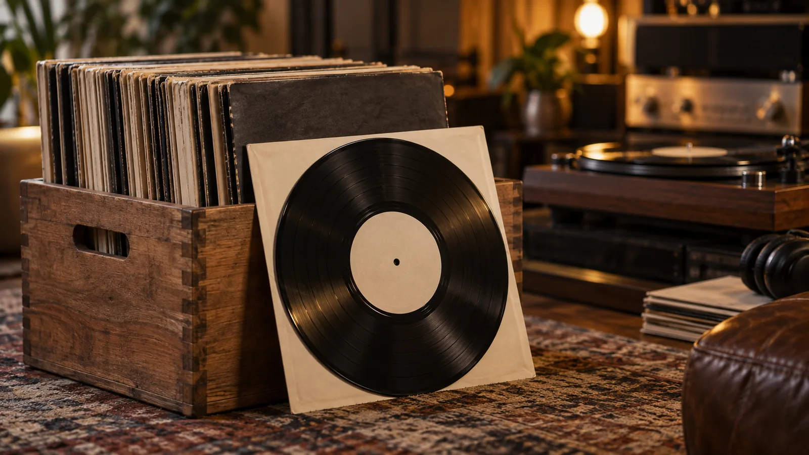 A carefully arranged collection of black vinyl records and plain aged sleeves in warm light, with no identifiable album artwork