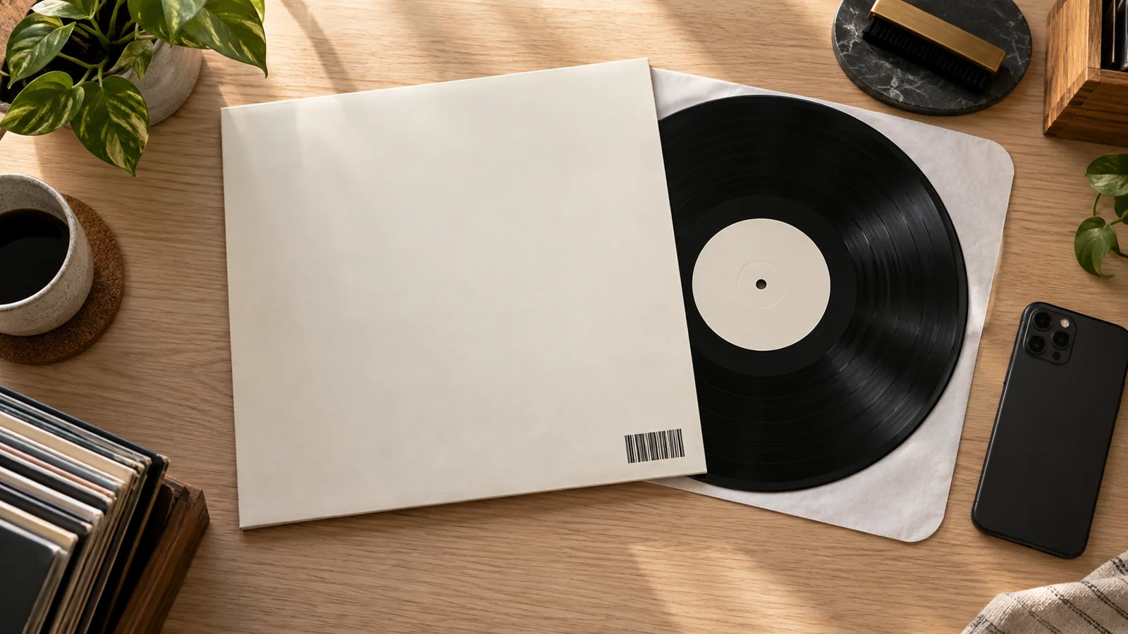 Plain record jacket with a barcode-like mark beside a black LP and a face-down smartphone on an oak desk