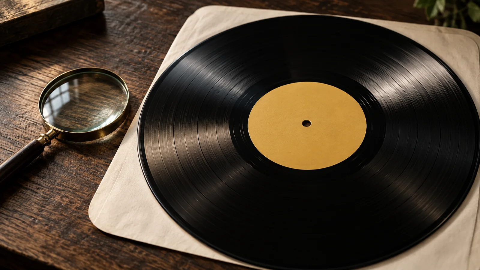 Black vinyl record with a plain ochre center label beside a magnifying glass on an ivory sleeve