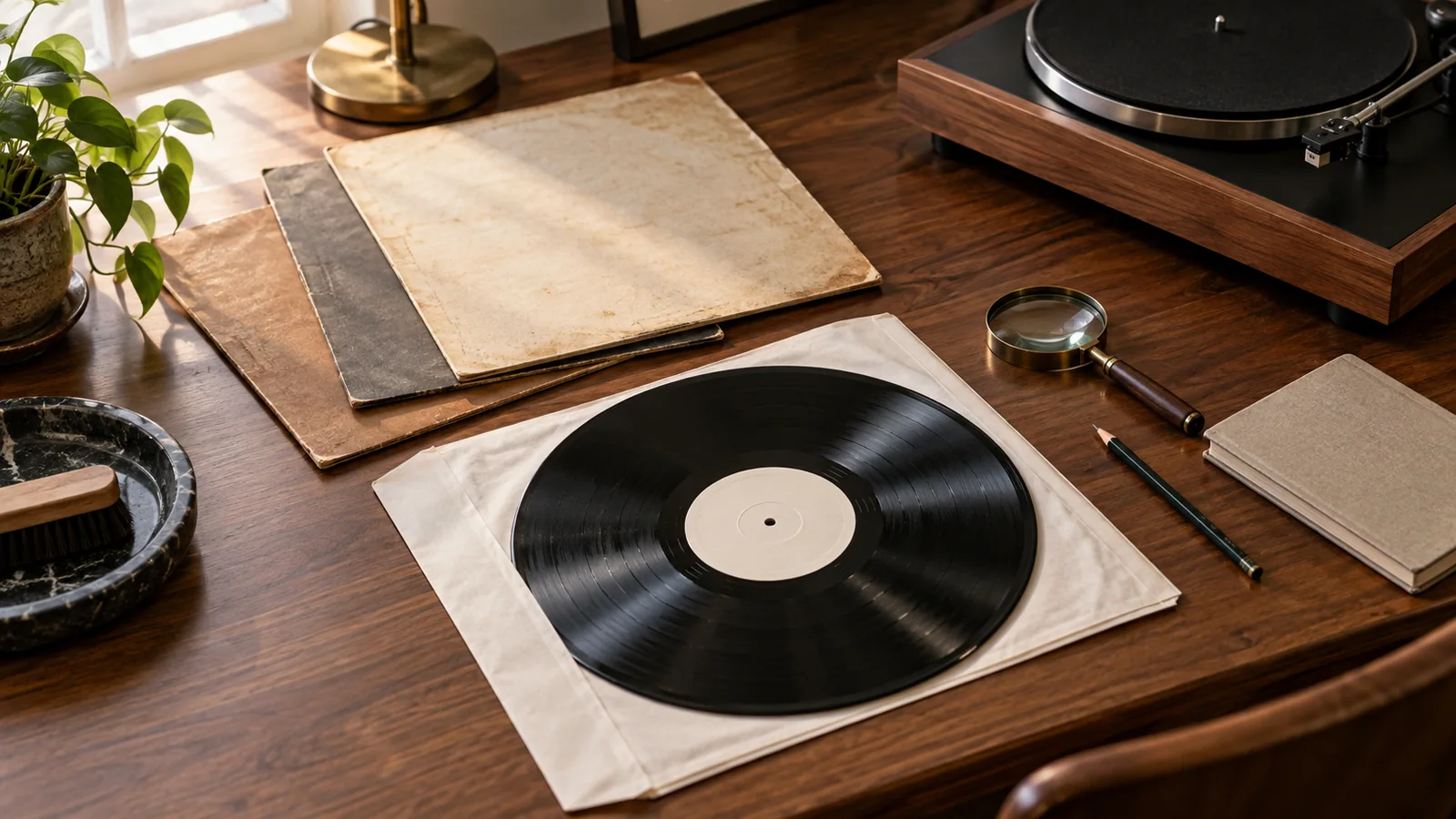 Record evaluation desk with plain vintage sleeves, a black LP, notebook, pencil and magnifying glass