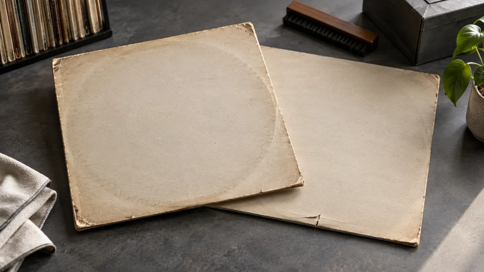 Three unbranded record jackets showing worn edges and circular wear beside a black vinyl record on a neutral work surface